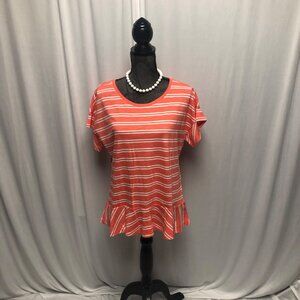 Lands End Top Womens Size Medium Salmon White Strips Ruffle Short Sleeve Shirt